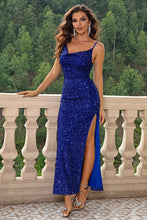 Load image into Gallery viewer, Long Formal Dress | Blue Cowl Neck Split Maxi Dress
