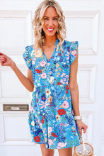 Load image into Gallery viewer, V Neck Ruffled Dress | Sky Blue Floral Flutter Sleeve Dress
