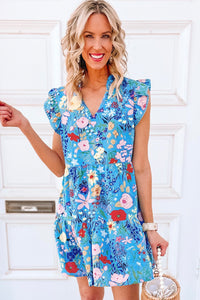 V Neck Ruffled Dress | Sky Blue Floral Flutter Sleeve Dress