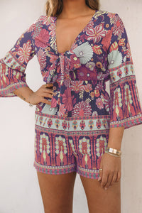 Women Romper | Purple Vintage Printed 3/4 Sleeves V Neck Romper | Bottoms/Jumpsuits & Rompers