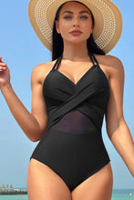 Load image into Gallery viewer, Black Halter Mesh Insert Cross Front One-Piece Swimsuit | Swimwear/One Piece Swimsuit
