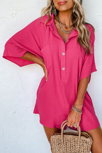 Bright Pink Half Button Collared Loose Romper | Bottoms/Jumpsuits & Rompers