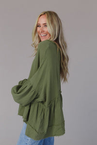 Green Henley Button Drop Shoulder Top