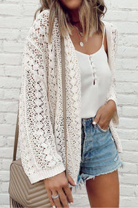 Drop Shoulder Cardigan | White Stylish Hollow Out Knit Sweater