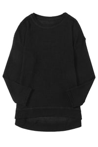 Oversized Top | Black Waffle Knit High Slits