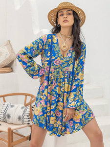 Mini Dress | Printed V-Neck Balloon Sleeve Dress