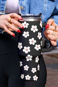 Black Floret Print Stainless Tumbler With Lid And Straw 40oz | Accessories/Tumblers