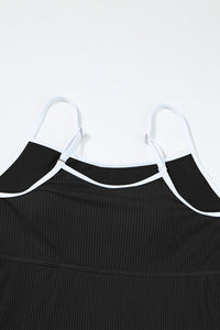 Black Sporty Ribbed Spaghetti Straps One Piece Swimdress | Swimwear/Swim Dresses