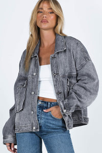 Loose Denim Jacket | Gray Chest Pockets Drop Shoulder Jacket