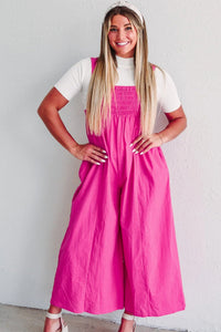 Wide Leg Overalls | Strawberry Pink Wide Straps Smocked Detail
