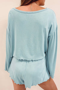 Shorts Set | Sky Blue Long Sleeve Top High Waist