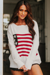 American Flag Sweater | Cable Knit Drop Shoulder Sweater