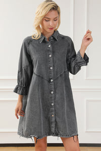 Denim Mini Dress | Gray Buttoned Long Sleeve