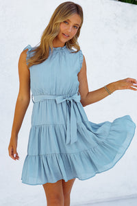 Sky Blue Frilled Neck Sleeveless Tiered Tulle Dress | Dresses/Mini Dresses