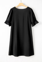 Load image into Gallery viewer, Plus Size Mini Dress | Black Solid Ruffled Puff Sleeve V Neck
