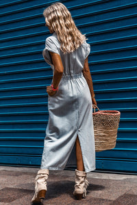 Denim Dress | Beau Blue Short Bat Wing Sleeve Slit Back Dress