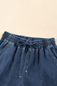 Wide Leg Jeans | Dark Blue Drawstring Elastic Waist