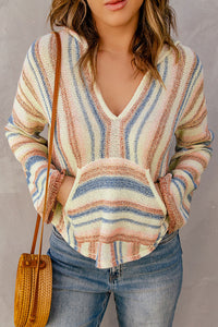 Multicolor Striped Knit Kangaroo Pocket Hooded Sweater | Tops/Sweaters & Cardigans