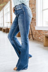 Sky Blue Medium Wash High Rise Flare Jeans | Bottoms/Jeans