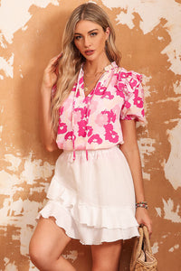 Pink Split Neck Ruffled Puff Sleeves Floral Top | Tops/Tops & Tees