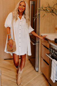 Mini Dress | White Half Puff Sleeve Buttoned Shirt