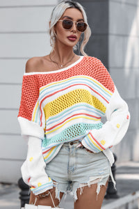 Multicolor Hollow Striped Knit Contrast Sleeve Sweater | Tops/Sweaters & Cardigans