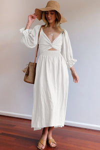 White Dress | Smocked Square Neck Flounce Sleeve Dress