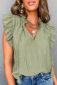 Flutter Sleeve Blouse | Mist Green V Neck Textured Top