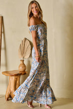 Load image into Gallery viewer, Blue Boho Paisley Print Off Shoulder Maxi Dress | Dresses/Floral Dresses
