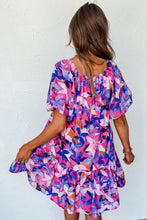 Load image into Gallery viewer, Purple Flower Print Short Puff Sleeve Ruffled Dress | Dresses/Floral Dresses
