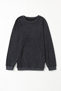 Pullover Sweatshirt | Black Solid Ribbed Knit Round Neck