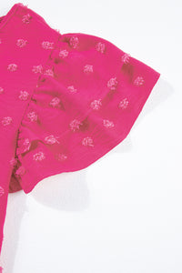 Mini Dress | Strawberry Pink Plus Size Jacquard Short Ruffle Sleeve