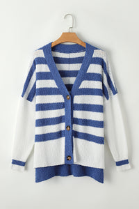 Hi Low Cardigan | Blue Stripe V Neck Buttoned Sweater