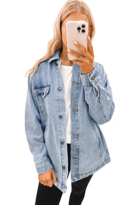 Sky Blue Acid Wash Flap Pocket Boyfriend Shacket | Outerwear/Denim jackets