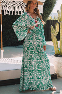 Maxi Dress | Green Abstract Pattern Print V Neck High Waist