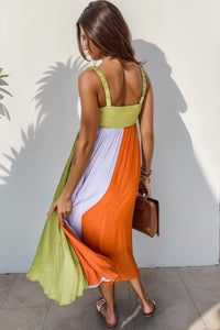 Midi Dress | Casual Color Block Square Neck Dress