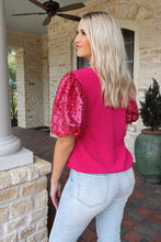 Load image into Gallery viewer, Rose Red Contrast Sequin Puff Sleeve T Shirt
