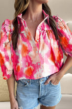 Load image into Gallery viewer, Womens Blouse | Frill Contrast Print Collared Neck Half Sleeve Shirt
