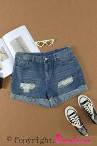 Distressed Ripped Rolled Hem Blue Denim Shorts | Bottoms/Denim Shorts