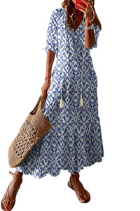 Sky Blue V Neck Casual Geometric Print Maxi Dress | Dresses/Maxi Dresses