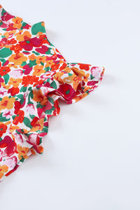 Mini Dress | Fiery Red Ruffle Sleeve V-Neck Floral Dress