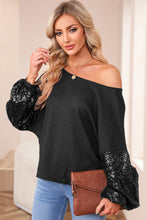 Load image into Gallery viewer, Waffle Knit Top | Black Sequin Patchwork Sleeve Open Back
