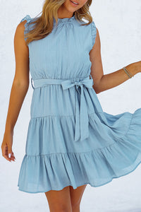 Sky Blue Frilled Neck Sleeveless Tiered Tulle Dress | Dresses/Mini Dresses