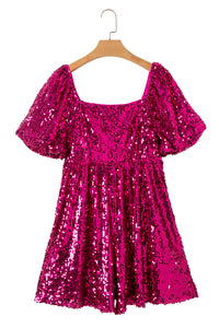 Womens Romper | Rose Red Short Puff Sleeve Sequin Babydoll Romper | Bottoms/Jumpsuits & Rompers