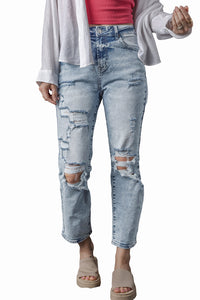 Sky Blue Light Wash Frayed Slim Fit High Waist Jeans | Bottoms/Jeans