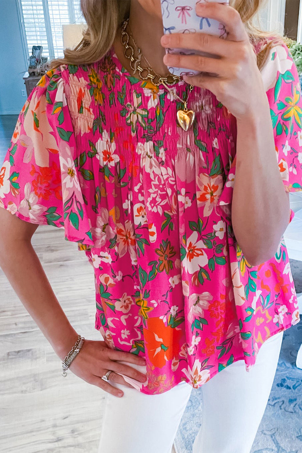 Pink Floral Short Sleeve Smocked Blouse | Tops/Blouses & Shirts