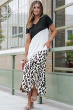 Load image into Gallery viewer, T Shirt Maxi Dress | Black Leopard Color Block Side Slit Dress
