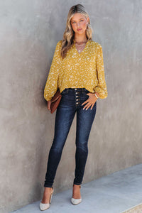 Yellow Split Neck Fall Printed Crinkled Blouse | Tops/Blouses & Shirts