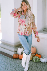 Pink All Floral Puff Sleeve Collared Shirt | Tops/Blouses & Shirts