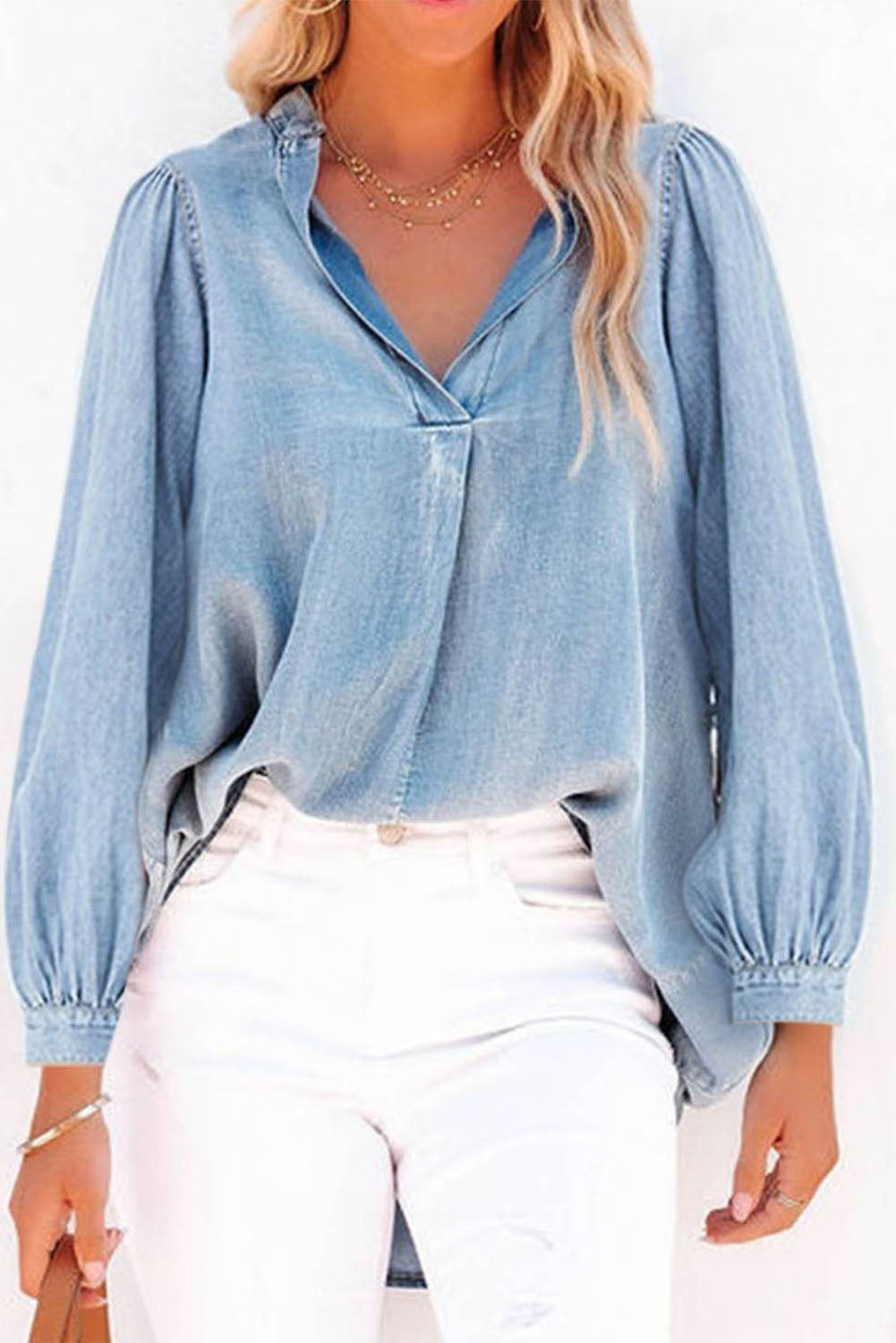 Sky Blue Split V-Neck Balloon Sleeve Ruched Denim Top | Tops/Blouses & Shirts